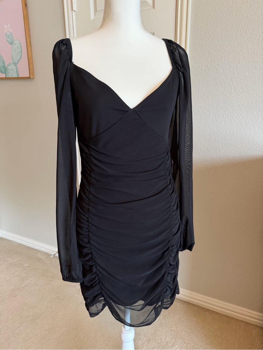 PrettyLittleThing Black Ruched Long-Sleeve Mini Dress